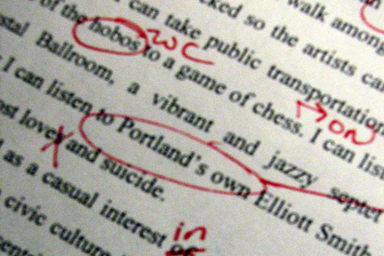 Copy editing text with a red pen